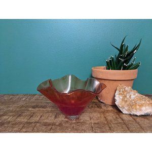 Signed Original Rick Sherbert Ruffled Art Glass Bowl - Pink Peach Coral Amber